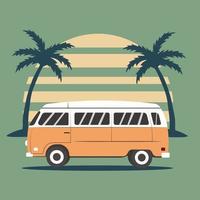 coche antiguo en el fondo de palmeras y el sol. ilustración vectorial retro. fondo grunge. diseño antiguo estilo retro y antiguo. estampado hippie. vector