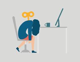 Female employee feeling tired and exhausted at the office due to being exploited at work. Stressed business woman or worker lays her head down on a laptop. Concept of pressure and labor exploitation. vector