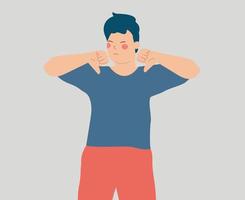 Disagree young man showing negative review or emotions with a thumb down gestures. Concept of thumbs down, crossed arms, stop palms. Vector illustration