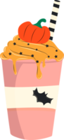 Cute  illustration of pumpkin spice latte with cute pumpkin in foam. Hand drawn. All elements are isolated png