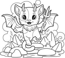 cute cartoon cat demon, coloring page, outline illustration vector