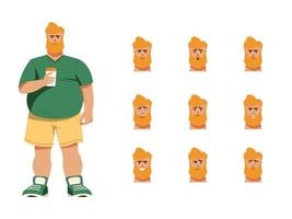 Fat Man character set of face emotions vector