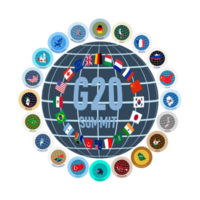 Illustration of flags and maps of the G-20 countries in the form of a logo on a globe. G20, top twenty economies of the world. Financial and economic international forum. png