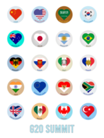 Illustration of the flags of the G-20 countries in the form of a logo with hearts. G20, top twenty economies of the world. Financial and economic international forum. png