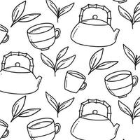 Seamless pattern with matcha. Vector illustration. Pattern with tea, teapot, tea leaves. Doodle style.