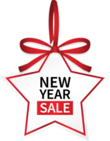 isolate new year sale star price tag with red ribbon png