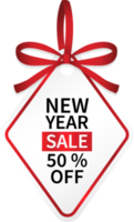 isolate square new year sale price tag with red ribbon png