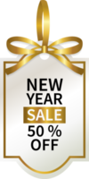 isolate new year sale promotion geometric price tag with gold ribbon design png