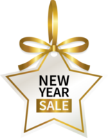 isolate new year sale price tag with gold ribbon geometric design png