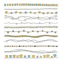 Vector set of colored hand drawn borders. Doodle lines collection for your design. Cute trendy decorative elements. Curves decorated with circles, swirls, hearts. Decor template kit in flat style