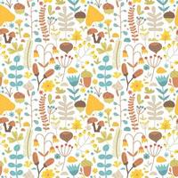 Seamless pattern of forest herbs, autumn leaves, twigs, acorns, berries and mushrooms. Vector flat hand drawn illustration with botanical elements, ornamental plants. Abstract season background, fall