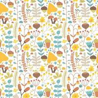 Seamless pattern of forest herbs, autumn leaves, twigs, acorns, berries and mushrooms. Vector flat hand drawn illustration with botanical elements, ornamental plants. Abstract season background, fall