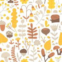 Vector seamless pattern of hand drawn flowers, leaves, branches, berries, mushrooms and acorns. Autumn illustration, fall, September, October and November atmosphere. Park, forest, grove with plants