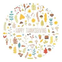 Thanksgiving day vector greeting card. Autumn abstract background, season, fall. Pattern of hand drawn branches, flowers, leaves, berries, mushrooms and acorn. Flat illustration with cute doodle plans