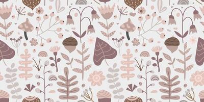 Vector seamless pattern of flowers, leaves, mushrooms, twig, acorns and herb. Flat botanical illustration of hand drawn plants. Floral texture for postcard templates, fabric, covers. Spring background