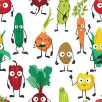 Funny vegetables with eyes beets, carrots, peppers, carrots, cucumber. vector pattern