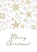 Merry Christmas and Happy New Year vertical greeting card with hand drawn golden stars and toys on white background. Vector illustration in sketch style