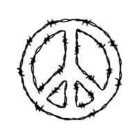 forma de signo de paz de alambre de púas. ilustración vectorial dibujada a mano en estilo boceto. elemento de diseño para conceptos militares, de seguridad, penitenciarios y de esclavitud vector