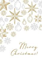 Merry Christmas and Happy New Year vertical greeting card with hand drawn golden stars and toys on white background. Vector illustration in sketch style