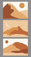 Modern abstract minimalist landscape posters. Desert, sun and moon. Day and night scene. Pastel colors, earth tones. Boho mid-century prints. Flat design. Stock vector illustration