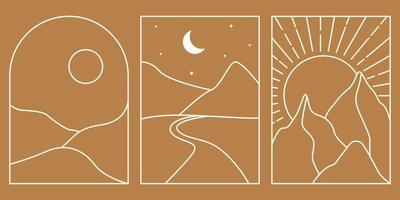 paisajes lineales en estilo boho. logotipos bohemios desierto, montañas, colinas en un estilo minimalista moderno. sol y luna, puesta de sol. emblemas de viaje. plantillas de diseño de marca. ilustración vectorial de acciones. vector