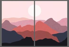 Set of trendy minimalist landscape. Boho poster collection mountains, sunset, moon. Landscape scenes. Mid century art print. Design for social media, wallpapers, postcards, prints. vector