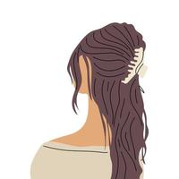 Female stylish hairstyle and accessory. Young woman haircut back view head, creative modern accessory. Vector trendy portrait