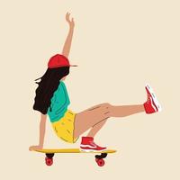 chica a bordo. chica paseo en patineta o longboard moda adolescente femenina vector