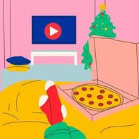 la mujer se acuesta en la cama y ve series en la televisión con pizza en su linda habitación. vector
