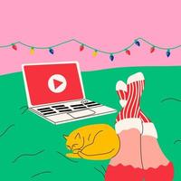 Woman lies on the bed and watches series on laptop with cat in her cute room. vector