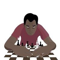 A dark-skinned guy with an angry expression put his hands on the chessboard, the guy shielded the chessboard from strangers, flat vector, isolate on white vector