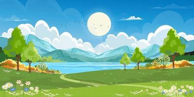 Nature Spring Rural landscape of Green Fields Meadow on Hills with Clouds and Blue Sky,Vector Cartoon Panorama Sunny day Summertime,Panoramic Natural Countryside with Mountains, Wild flowers field vector