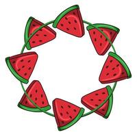 Round symmetrical frame, triangular pieces of juicy watermelon, copy space, vector illustration in cartoon style on a white background