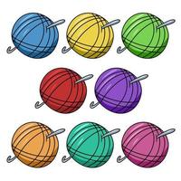 A set of colored icons, a ball of knitting thread with a metal hook, a vector illustration in cartoon style on a white background