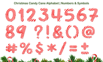 conjunto de alfabeto de bastão de doces de natal, inclui letras maiúsculas e minúsculas, números e símbolos. png