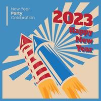 diseño de cartel de feliz año nuevo 2023 con diseño de fondo retro azul y rojo vector