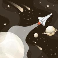 Flying space shuttle on space with planets and asteroid in cartoon design vector