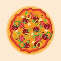 illustration of pizza with various toppings of beef, tomatoes, onions, mushrooms and peppers vector