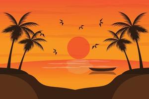 the view of the beach at sunset with the silhouette of the coconut tree vector