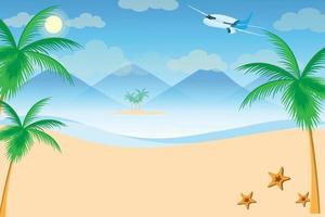 vista a la playa con montañas y cielo azul mientras el avión pasa volando vector