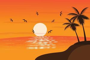 the view of the beach at sunset with the silhouette of the coconut tree vector