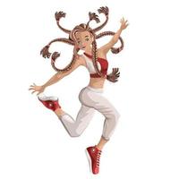 Vector image of a girl in a dance with spectacularly flying pigtails. Cartoon. EPS 10