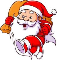 The dwarf santa claus is running with the big sack of christmas gift vector