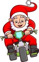 The cute santa claus is riding a bicycle so fast while smiling vector