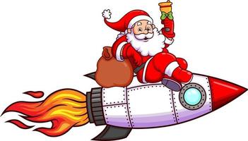 The happy santa claus is riding the turbo rocket and ringing the christmas bell vector