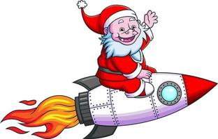 The yeti with the santa claus costume is playing and sitting on the fast rocket vector