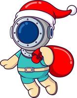 The diver is carrying a gift inside a big sack while wearing santa hat vector