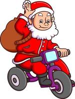 The cute santa claus is riding the bicycle and waving the hand to the children vector