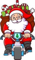 The santa claus is riding a bicycle in a snowfall while carrying gift boxes vector