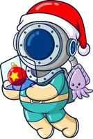 The diver is carrying a christmas ball in a crystal box freezing vector